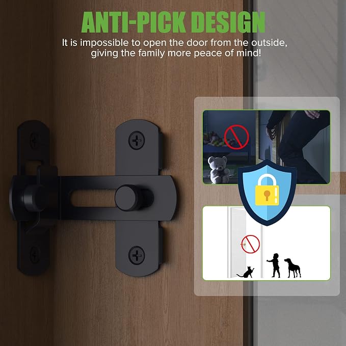 Barn Door Lock, 90 Degree Bifold Flip Door Latch, Black-2PCS | Stainless Steel Angle Latch Lock for Barn, Bathroom, Outdoor, Garage - Image 3