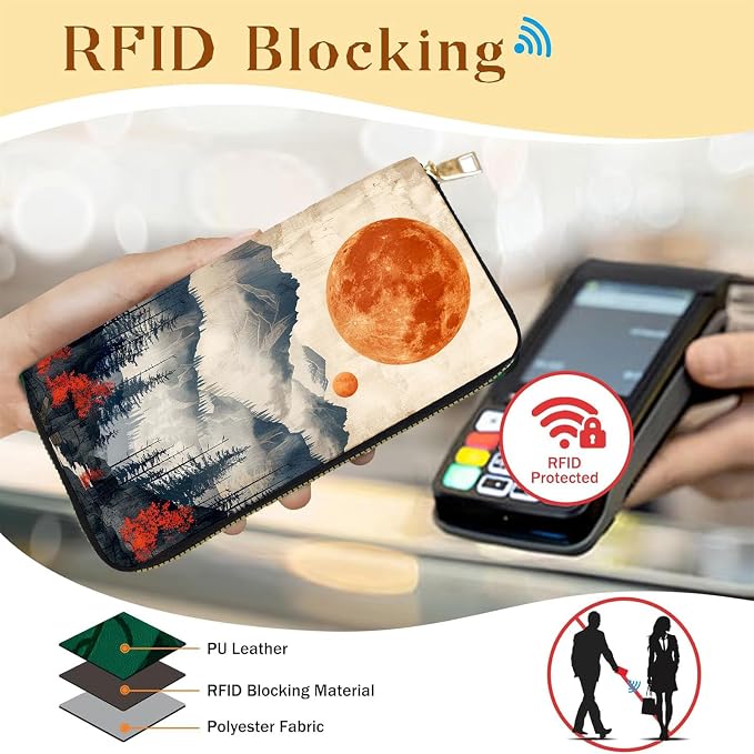 Women's RFID Blocking PU Leather Zip-Around Wallet, Large Capacity Clutch with Phone Holder, Travel Purse & Card Organizer with Removable Wristlet,Mountains Sunset Aesthetic - Image 2