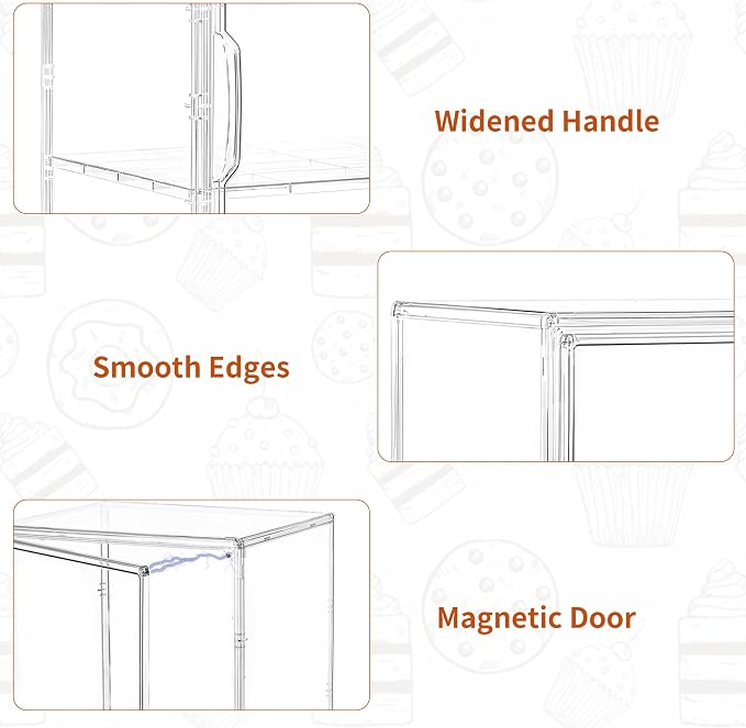 Bread Box for Kitchen Countertop, 3 Layers Pastry Display Case, 2 Pack | Adjustable Shelves, Magnetic Door, Clear Acrylic Display, Easy Assembly, Stable Design, for Bread, Cookies, Cakes & Pastries - Image 5
