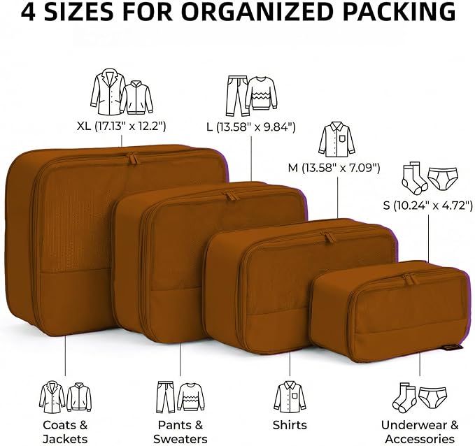 4 Piece Compression Packing Cubes for 3–7 Day Travel, Space Saving Travel Organizers with Breathable Mesh, Double-Zipper Packing Cubes for Carry-On & Suitcases (Brown) - Image 3