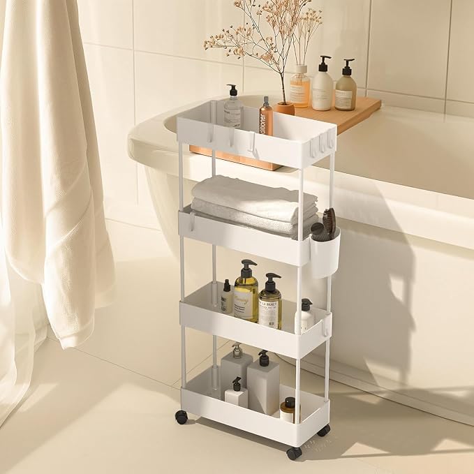 Pipishell 4 Tier Slim Storage Cart with Wheels, Laundry Cart, White | 7.1 inch Wide - Fits Narrow Spaces, Storage Cup and 6 Hooks, Ventilation Holes, Durable ABS Material, Detachable Wheels - Image 9