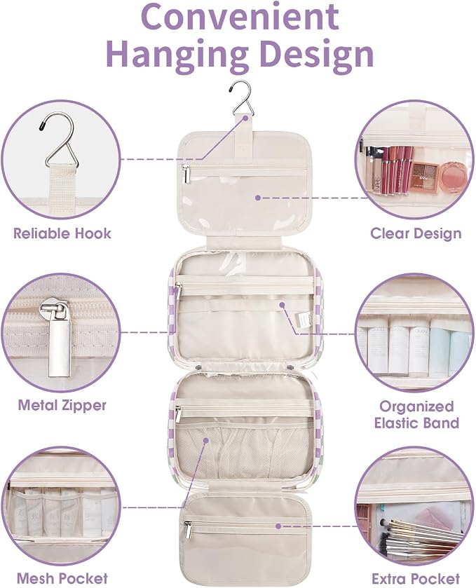 Narwey Travel Toiletry Bag for Women Large Hanging Makeup Bag Organizer Toiletries Bag for Full Size Essentials Accessories Cosmetics (Purple Checkerboard (Large)) - Image 7