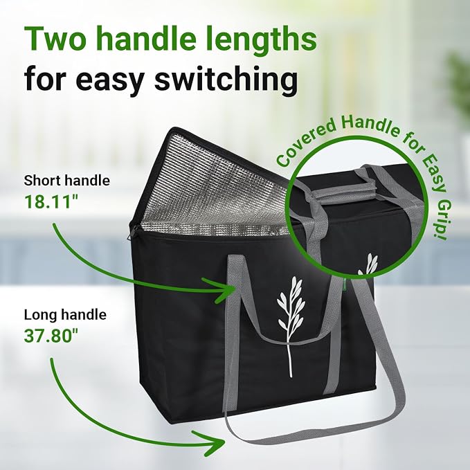 Green Bulldog 2Pack Insulated Grocery Bags – Foldable Reusable Cooler Bags with Handles for Everyday Use, Groceries, Food Delivery, and Shopping – 16”x9”x13”, Black - Image 6