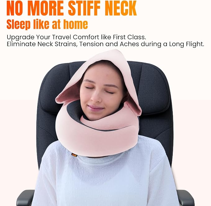 LOEXAIR™ Hooded Pro Travel Pillow - Memory Foam Neck Support Pillow for Airplane, Flight - Super-Soft Pure Cotton Fabric, Maximum Privacy & Light-Block Design, Lightweight Full Travel Kit- Sakura Pink - Image 4