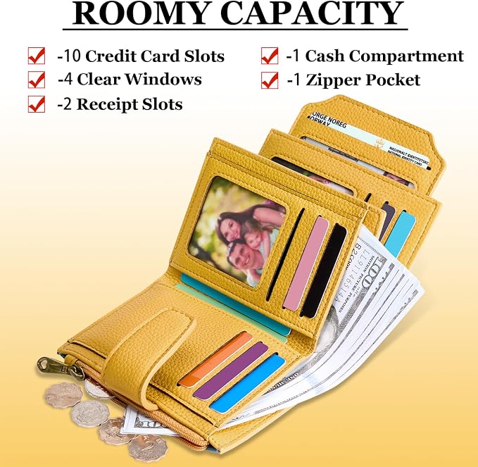 Small Wallet Women RFID Blocking Soft Leather Bifold Compact Card Holder Wallet for Women with Zipper Coin Pocket 4 ID Window - Image 3
