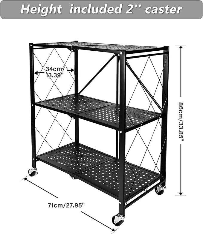 Kitchen Garage Metal Shelves, Storage Shelves Organizer, Foldable Metal Shelving, Closet Shelving Unit, 28" W x 14" D x 34" H Bakers Rack Microwave Stand, Plant Stand with Wheels (3-Tier Shelf) - Image 3