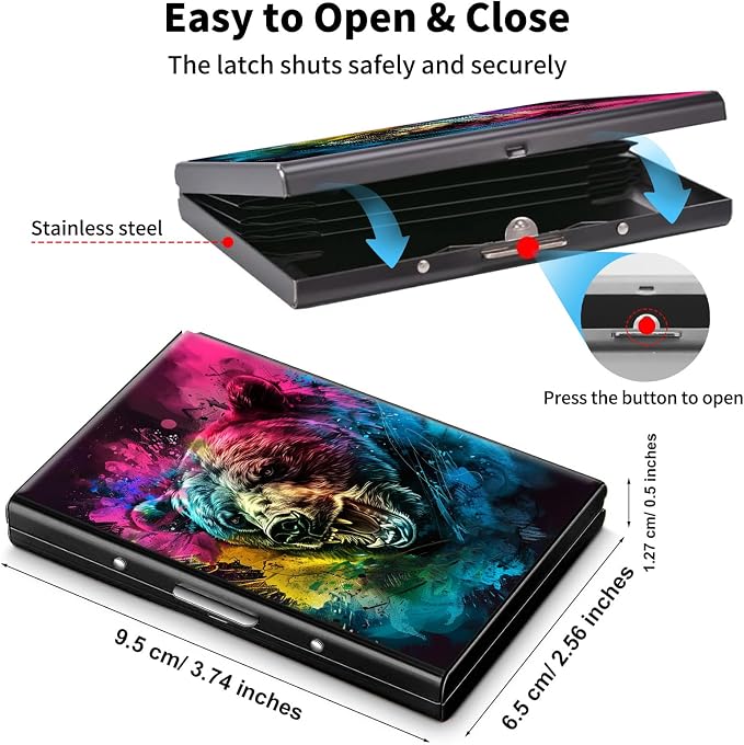 Metal Wallet,Credit Card Holder for Women Men,RFID Blocking Card Holder Wallet Mini Slim Aluminum Wallet ID Case Hard Card Case Business Card Holder Case,Colorful Bear - Image 5