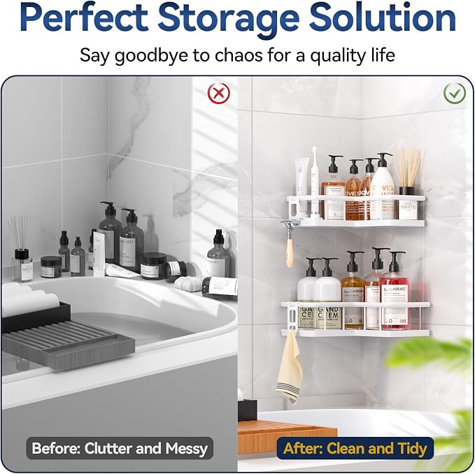 Corner Shower Caddy Adhesive, 100% Rustproof Shower Organizer, No Drill Shower Shelf for Inside Shower, Wall-Mounted Shower Storage for Homes (2 Pack, White) - Image 8