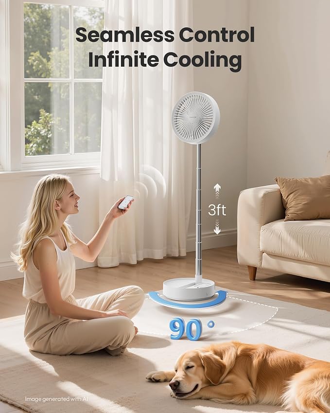 Gaiatop Portable Pedestal Fan 16000mAh Battery [Max 74h Runtime], Foldable Oscillating Standing Fan, Collapsible Desk Fans, LED Light, Case & Remote Control 4 Speeds for Outdoor Travel Camping (White) - Image 5
