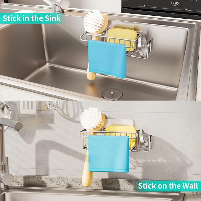 HapiRm 4 in 1 Sink Caddy Sponge Holder, SUS304 Stainless Steel Kitchen Brush Holder and Dish Cloth Hanger, Kitchen Organizers and Storage Essentials - Silver - Image 7