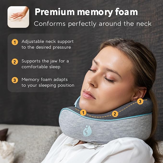 Neck Pillow Airplane - Travel Pillow - Comfortable and Ergonomic Memory Foam - Airplane Pillow with 360° Head & Neck Support - Grey - Image 4