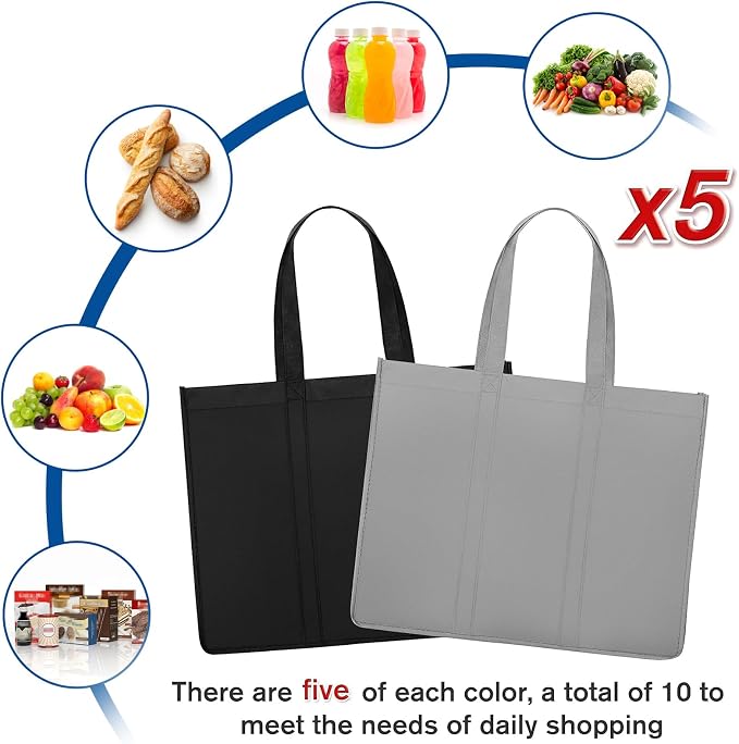 Reusable Grocery Shopping Bags 10 Pack Large Foldable Tote Bags Bulk | Eco Produce Bags with Long Handle for Shopping Groceries Clothes (Grey&Black) - Image 5