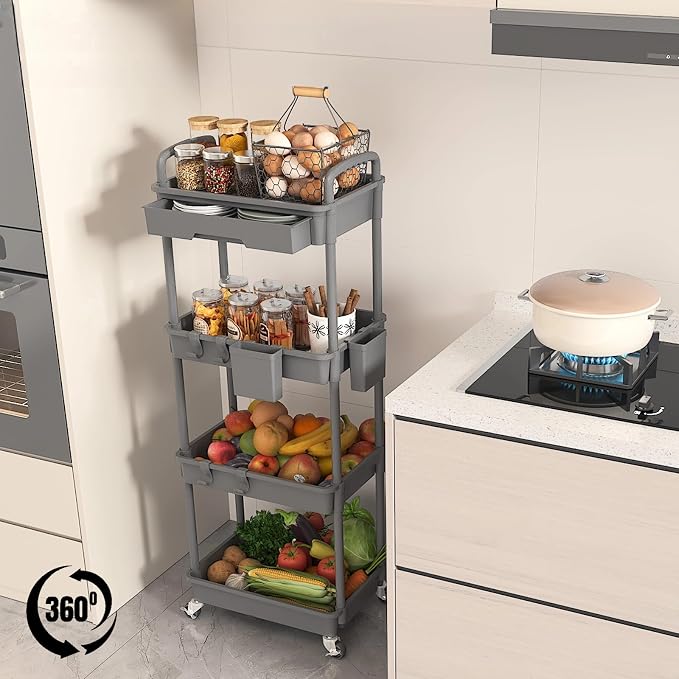 4 Tier Rolling Utility Cart with Drawer, Plastic Storage Organizer Rolling Carts with Wheels Handles Hanging Cups Hooks for Office, Bathroom, Kitchen,Craft Art Room (Grey) - Image 4