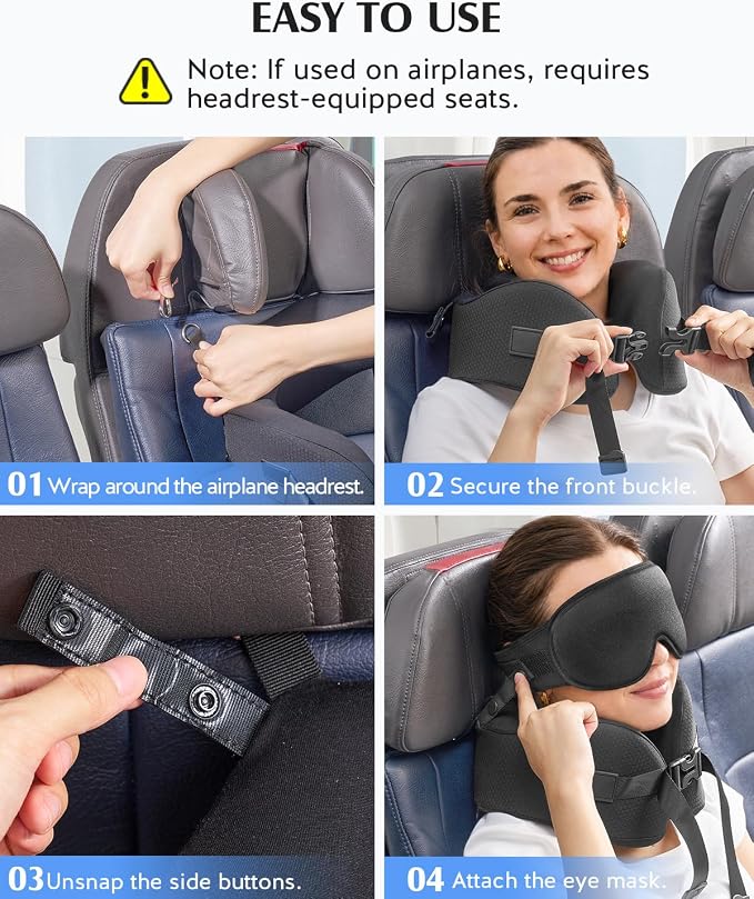 YFONG Travel Pillow with 3D Sleep Mask for Long Flights Airplane, Black | Patented 360° Ergonomic Sleeper Hold Head Support System, Memory Foam Neck Pillow, Prevents Head Bobbing, Adjustable Strap - Image 7