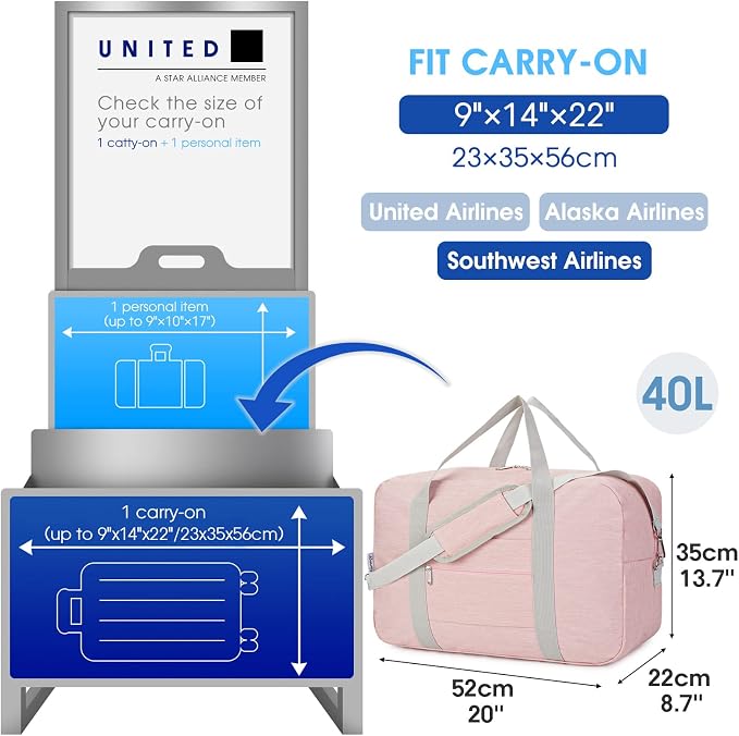 For United Airlines Foldable Carry on Bag 22x14x9 Travel Duffel Bag Packable luggage Duffle for Women and Men 40L (Pink (With Shoulder Strap)) - Image 2