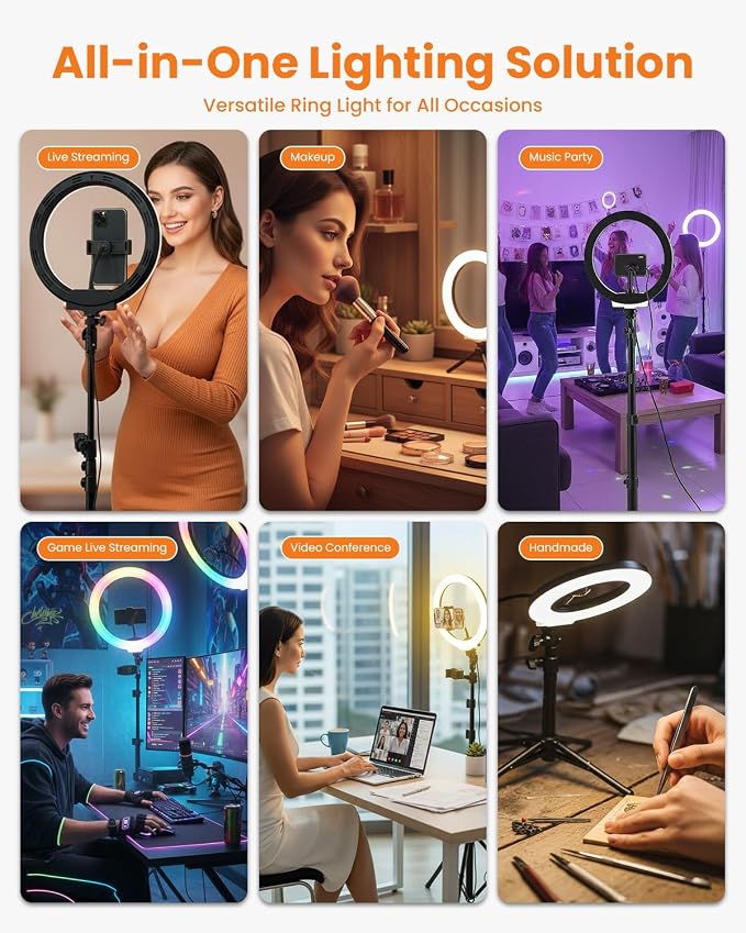 10" RGB Ring Light with 66'' Tripod Stands, 2 Phone Holder, Remote | 28 Color & 10 Brightness Level, Circle Ring Light for Live Stream, TikTok, YouTube, Makeup, Compatible with iPhone & Android - Image 8