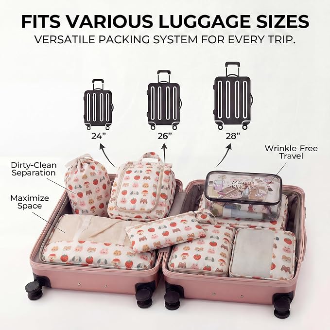 8 Set Packing Cubes for Travel with Clear Toiletry Bag, Durable Luggage Packing Organizers, Carry-On Accessories, TSA Approved See-Through Cubes, Space-Saving Storage Bags, Gifts for Women - Image 5