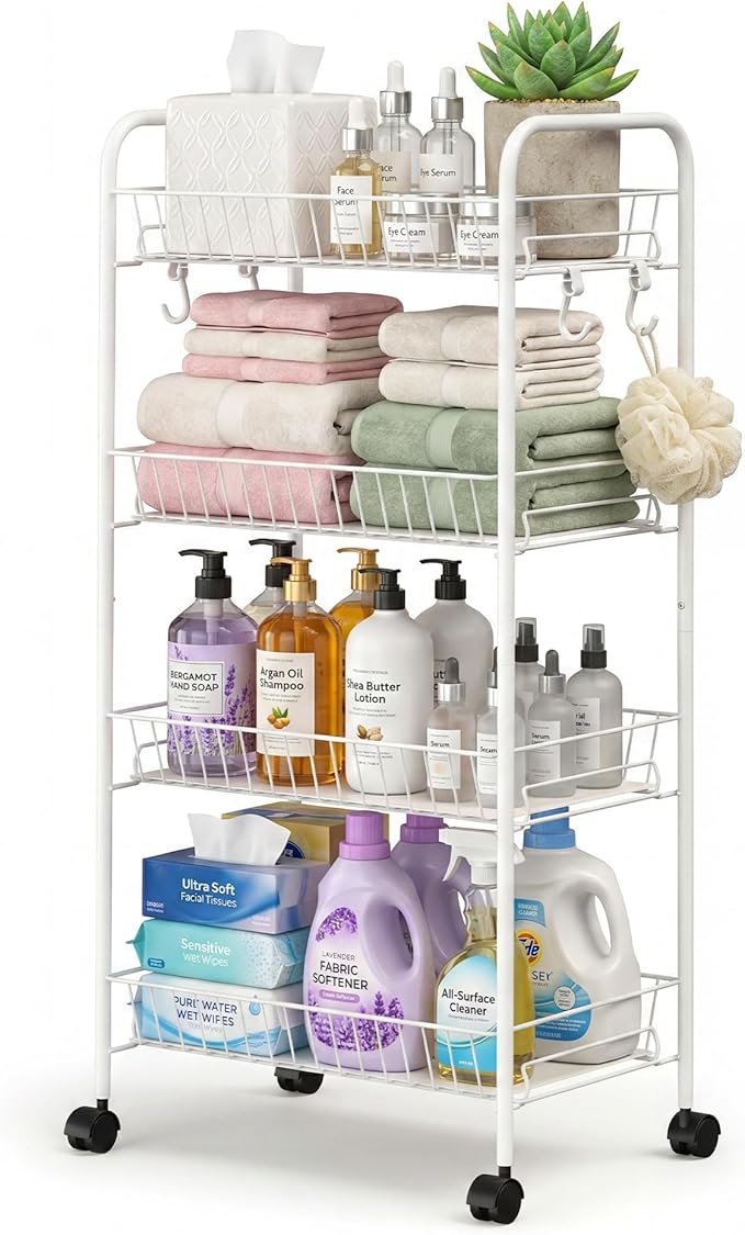PLKOW 4-Tier Rolling Utility Cart with Detachable Baskets, White | 4-tier steel cart with detachable baskets, anti-fall pads, hooks, and 360° wheels for compact home storage. by PLKOW