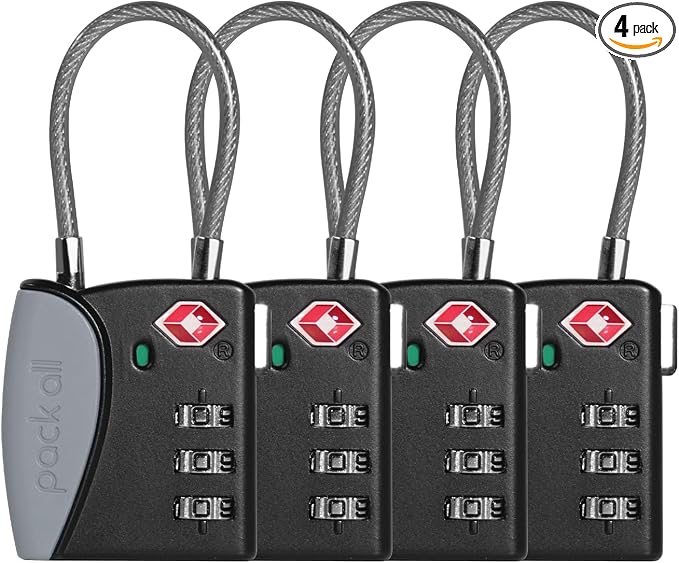 pack all TSA Approved Travel Luggage Locks, Resettable 3-Digit Code | Open Alert Indicator, Flexible Steel Cable, Zinc Alloy Body, Clear Number Dials, For Suitcase, Toolbox, Backpack, 4 Pack by packall