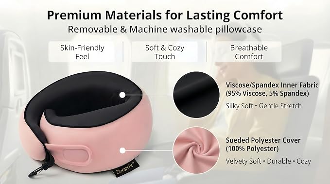 Memory Foam Wrap Around Travel Neck Pillow for Airplane, Pink | Travel pillow for airplanes with adjustable 360° neck support, breathable, washable cover, eye mask, earplugs & compact bag - Image 2