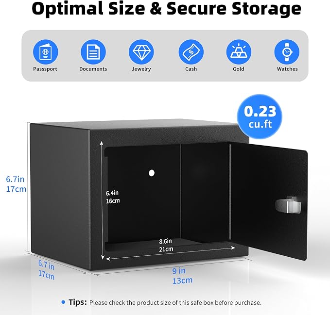 CDC DIGI Steel Security Safe Box with Key Lock,Safe Box for Home, Office, Money, Jewelry, Documents and Valuables, 0.23 Cubic Feet, 9.06" W x 6.69" D x 6.69" H, Black - Image 3