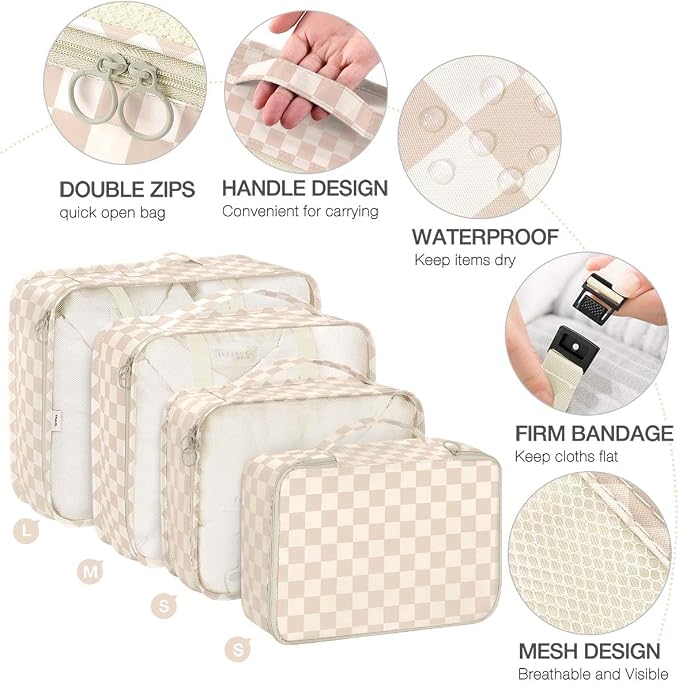 8 Set Packing Cubes for Suitcases,Packing Cube with Shoe, Cosmetics, Clothing, and Accessories Bags Packing Cubes for Travel Luggage Organizer Women Men(Khaki Grid-A) - Image 3