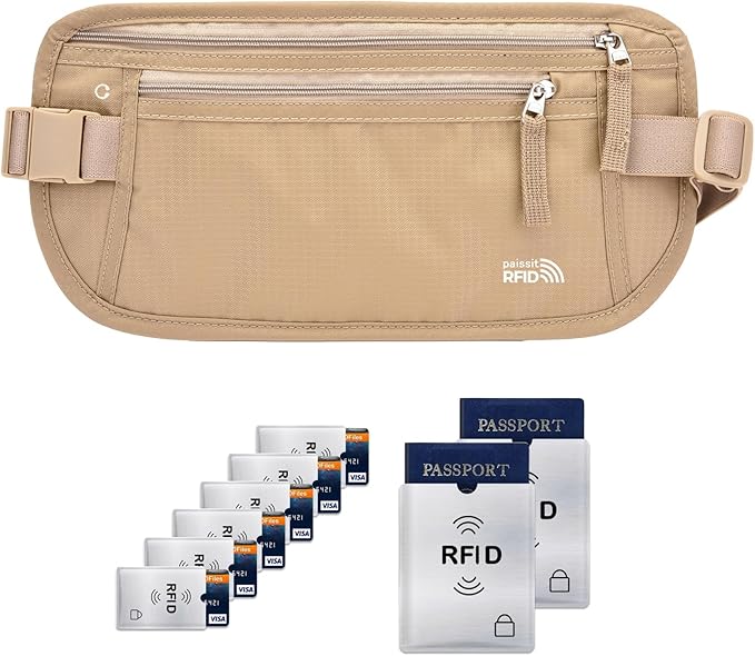 Unisex Money Belt with RFID Blocking Sleeves, Slim Passport Holder RFID Blocking Travel Essentials, Waist Pouch to Protect Cash, Beige & 6 Sleeves by paissit