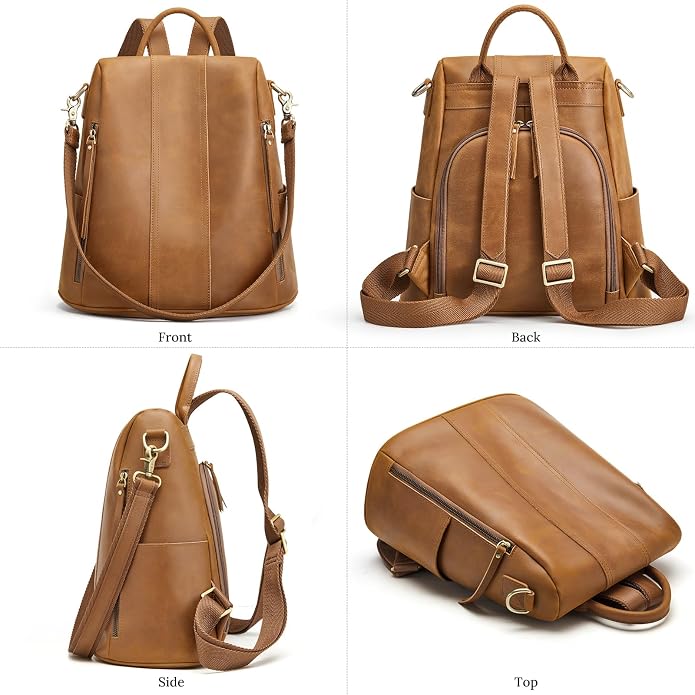 S-ZONE Leather Backpack Purses for Women Antitheft Rucksack Shoulder Bag Medium | Genuine Leather, Medium Fits 9.7-inch Tablet, for Work Travel Daily Commute, Multi Pockets, Adjustable Dual Straps - Image 7