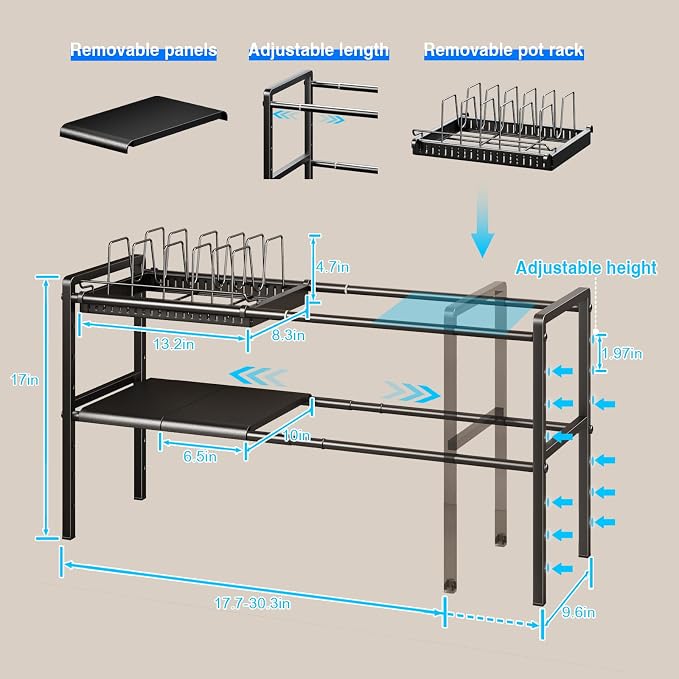 Mustorn Pots and Pans Organizer Under Cabinet, Expandable 2 Tier Under Sink Organizers and Storage Adjustable Height Kitchen Pot and Pan Lid Holder Rack with 12 Dividers Under Cabinet Shelf(Black) - Image 2