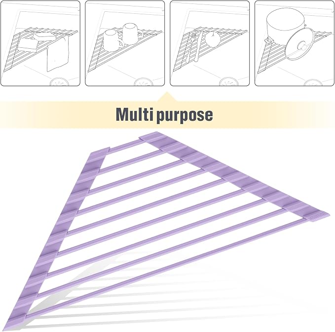 Tomorotec Triangle Roll Up Dish Drying Rack with Silicone Coating, Purple | 304 Stainless Steel with BPA-Free Silicone, Triangle Design Maximizes Sink Corner Space, Fits Compact Kitchens And RVs - Image 7