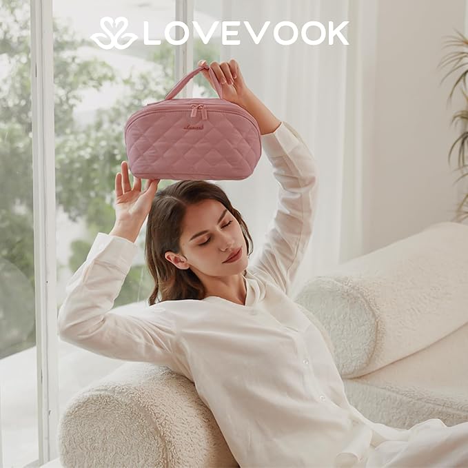 LOVEVOOK Travel Makeup Bag for Women, 2Pcs Puffer Waterproof Cosmetic Organizer, Large Capacity Pouch Open Flat Small Toiletry Bag with Brush Compartment & Handle (Red Bean Paste, Medium) - Image 2