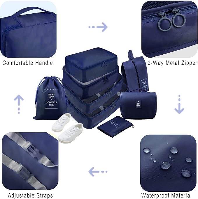 Packing Cubes, 8 Pcs Travel Packing Organizers for Suitcases, Large Capacity Travel Luggage Organizers Set includes 8 Storage Bags, Travel Essentials for Women or Men (Navy Blue) - Image 6