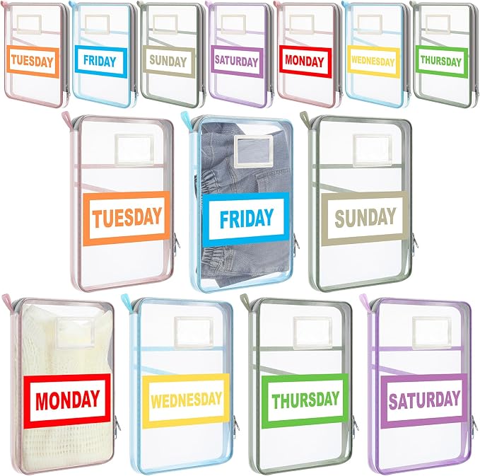 Honoson Packing Cubes for Travel Kids Days of Week Packing Cubes with Labels Clear Zippered Storage Bag for Kids Travel summer camp essentials by Honoson