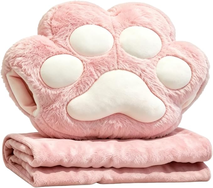 RYOLOY Cat Paw Warm Hand Pillow,with 66 * 35Inch Travel Blanket,2 in 1 Travel Pillow and Blanket Set,for Car Office Camping Essentials (Pink) by Unknown