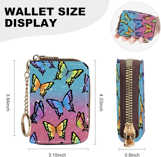 Credit Card Holder for Women,Small Rfid Wallet with Keychain Zipper,Cute PU Leather Card Case Wallet，Accordion Credit Card Wallets Gift,Colorful Butterflies - Image 4