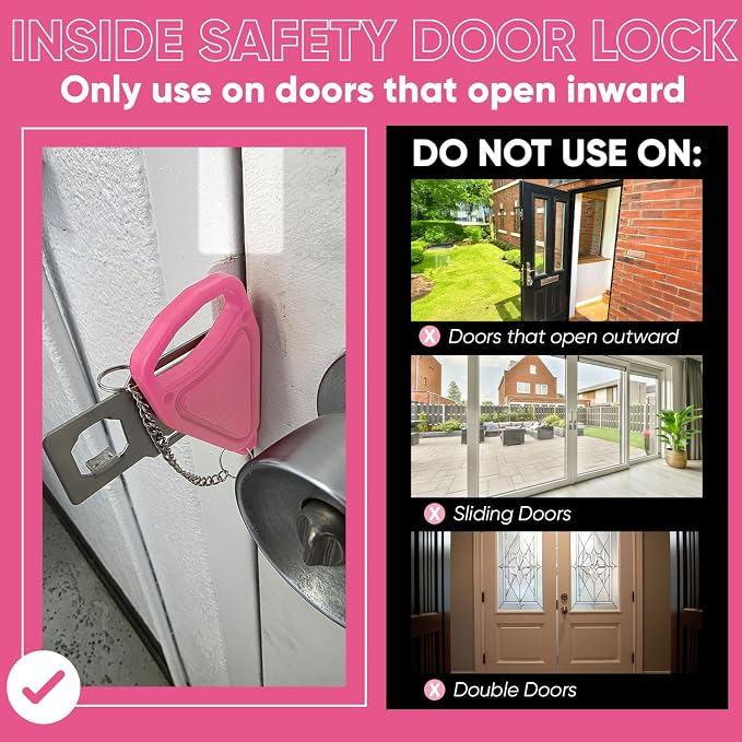 Portable Door Lock Extra Security Essential Safety & Privacy Travel Lockdown, Prevent Entry Stopper, Protect Family While Traveling Home Bedroom Hotel Apartment College (1 Pink) - Image 3