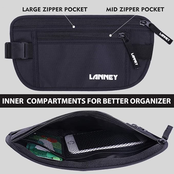 Money Belt for Travel, Slim RFID Blocking Women and Men hidden Travel Pouch Under Clothes, Passport Holder Protect Cash, Documents, Credit Card, Black, Bonus 2 RFID Sleeves - Image 4