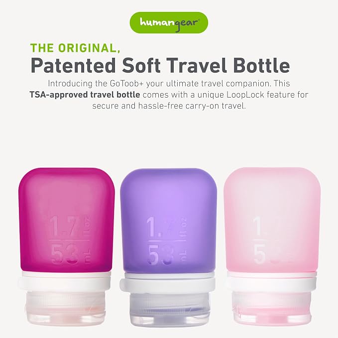 humangear GoToob+ 3-Pack, Small (1.7 fl oz), Rose/Lilac/Magenta | Refillable & Leak-Proof Silicone Travel Size Bottles with Locking Cap for Toiletries, Camping & TSA Carry-On - Image 2
