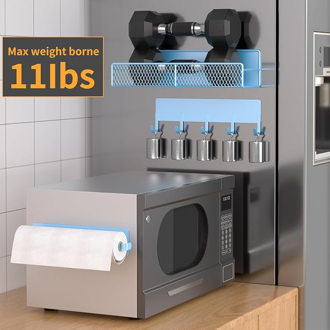 Magnetic Spice Rack for Refrigerator, 7 Pack Metal Magnetic Shelf Blue, Moveable Spice Organizer with Hook Rack, Paper Towel Holder, Kitchenware Holder, Strong Magnetic Storage Fridge Organizer - Image 4