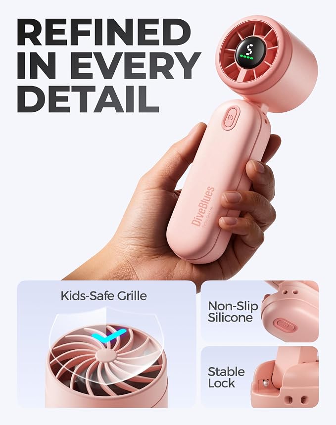 Diveblues Mini Portable Handheld Turbo Fan 27ft/s, 4000mAh Battery | 12H Max Cooling, 5 Speeds, LED Display, Quiet Motor, 3-in-1 Handheld/Neck/Desk Fan for Travel, Cruise & Disney Essentials - Image 8