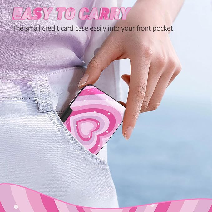 Credit Card Holder, Mini RFID Small Aluminum Card Wallet Business Card Case | Blocking Slim Metal RFID Blocking Front Pocket Wallet Hard Case Durable CC Holder for Women Girls, Pink Hearts - Image 6