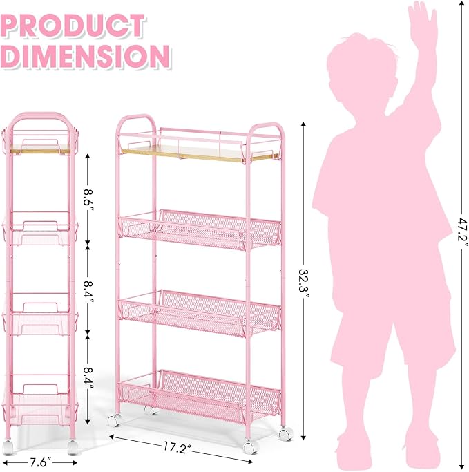TOOLF 4-Tier Slim Rolling Cart, Metal Storage Cart with Wooden Tabletop and Mesh Baskets for Narrow Space on Kitchen Bathroom Laundry Room Bedroom Apartments Dormitory - Image 2