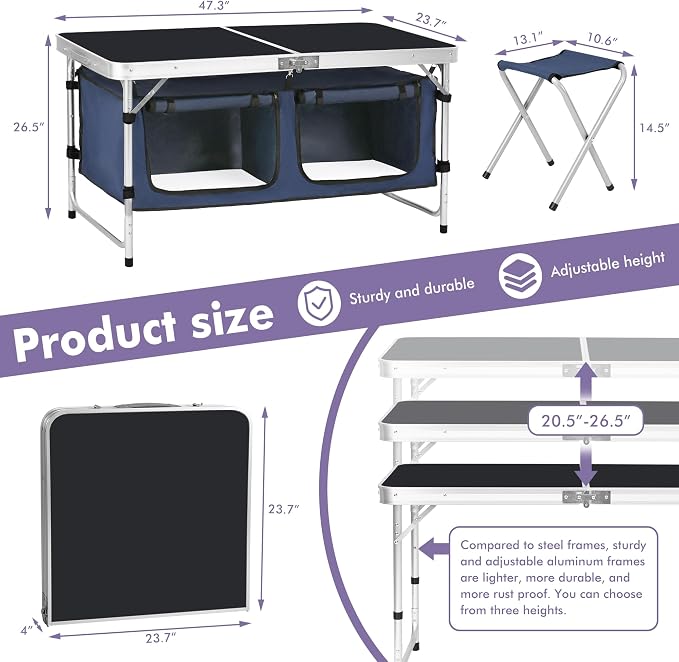 Camp Field Camping Folding Aluminum Table with Adjustable Legs for Outdoor Travel Beach, Backyards, BBQ, Party and Picnic Foldable Table - Image 2