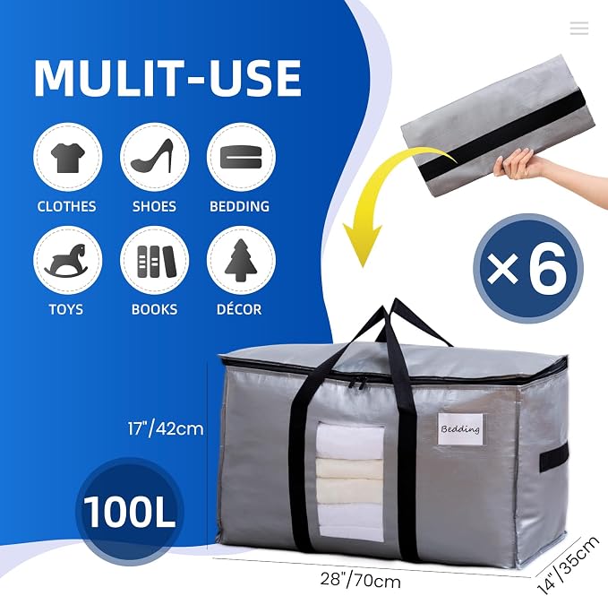 TAILI 6 Pack Silver Extra Large Moving Bags,Storage Bag with Visible Window | 93L Heavy Duty Totes For Storage,Wrap Around Handles,Alternative to Moving Boxes, College Dorm,Perfect for Moving - Image 2