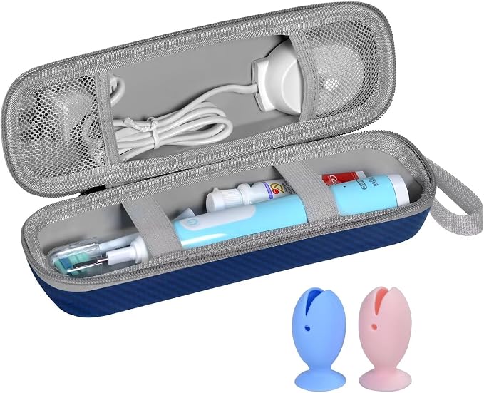 Travel Case for Oral-B/Oral-B Pro/Phlips Sonicare Electric Toothbrush with 2pcs Toothbrush Heads Cover Cap, Portable Hard Protective Storage Bag with Accessories Storage (Blue) by TUNYINSH