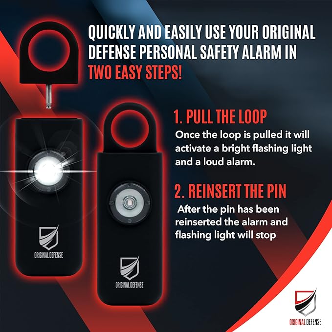 Original Defense® Siren Self-Defense Alarm - 130 dB Keychain Alarm with LED Strobe Light for Women, Children, and Elderly - Police Recommended - (Black, 1 Count) - Image 3