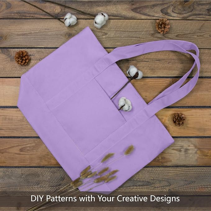 TOPDesign 1-Pack Canvas Tote Bag with an External Pocket, Reusable Grocery Shopping Bag, Top Zipper Closure, Daily Essentials (Lavender) - Image 4