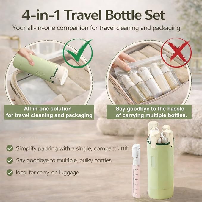 4-in-1 Travel Bottles for Toiletries, Travel Pump Bottle，Leak-Proof Shampoo Conditioner Lotion Dispenser with Pump, Compact No-Spill Toiletry Containers for Travel & Business Trips (Green) - Image 2