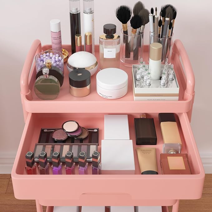 Calmootey 3-Tier Utility Cart with Drawer & Wheels, Storage for Home,Office | Space-Saving Organizer, Sturdy Plastic Shelves, Smooth-Rolling Metal Wheels, Built-in Drawer for Small Items, Pink - Image 9
