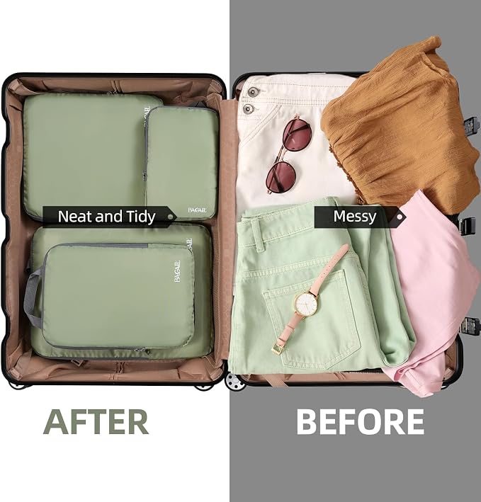 BAGAIL 4 Set/6 Set/8 Set Compression Packing Cubes Travel Accessories Expandable Packing Organizers (Cloth Pattern, 4-Matcha Green) - Image 6